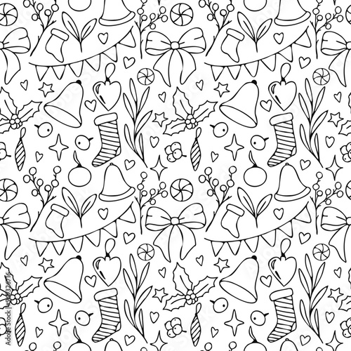 Seamless pattern with vector Christmas doodle outline illustration with festive elements like holly, candies, stockings, bows, and ornaments. Ideal for cards, DIY crafts, and holiday design.