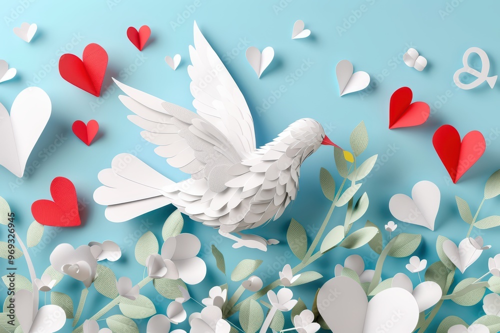 A beautiful paper cutout scene depicting a white dove flying amidst colorful hearts and flowers, symbolizing love and peace.