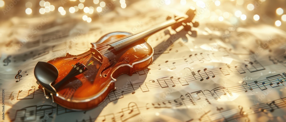 Fototapeta premium A beautifully crafted violin resting on sheet music, capturing the essence of music and artistry with a warm, glowing background.