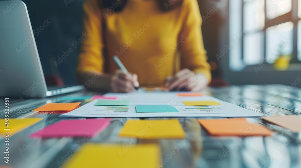 A person working at a desk, surrounded by colorful sticky notes and papers, focusing on planning and organizational tasks. A person working at a desk, surrounded by colorful sticky notes and papers, focusing on planning and organizational tasks.