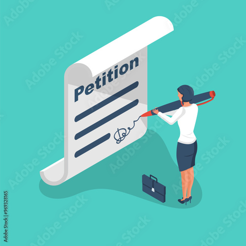 Petition concept. Businesswoman writes petition. Signature on the document. Big pen in a woman's hands. Isolated icon on white background. Vector illustration isometric 3d design. photo