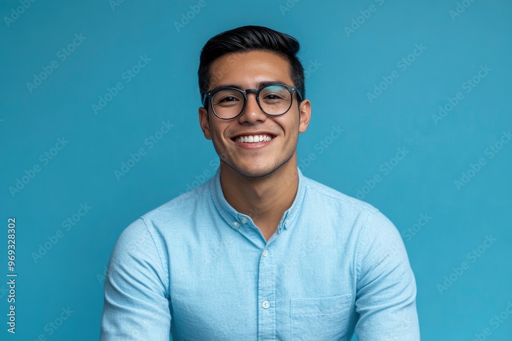 Portrait of young smiling latin man in blue shirt and glasses, feeling confident, isolated on blue background with generative ai Portrait of young smiling latin man in blue shirt and glasses, feeling confident, isolated on blue background with generative ai