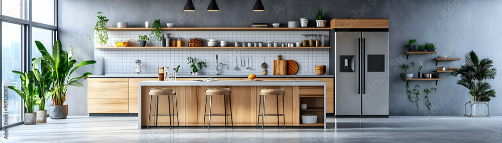 Modern Kitchen Illustration with Wooden Cabinets, Island, and Large Window Modern Kitchen Illustration with Wooden Cabinets, Island, and Large Window