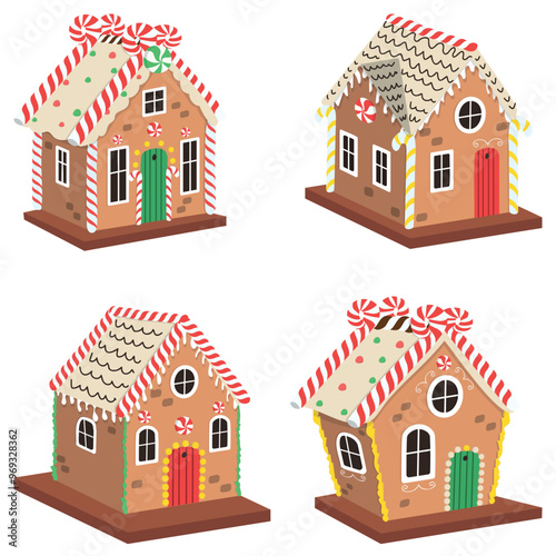 Gingerbread houses christmas set. Candy houses. Gingerbread baked cookies decorative food for winter holidays