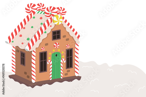 Gingerbread house with snow on white background. Horizontal vector template for Gingerbread house day,	Christmas, card, sale, banner, advertisement. 