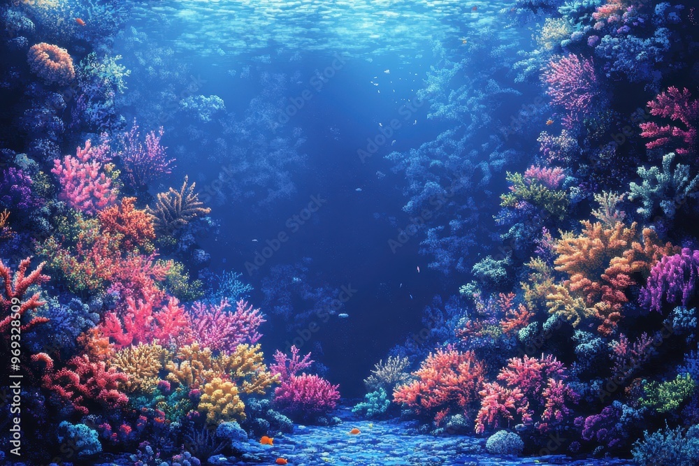 Naklejka premium Pixelated Underwater World with Colorful Coral and Copy Space