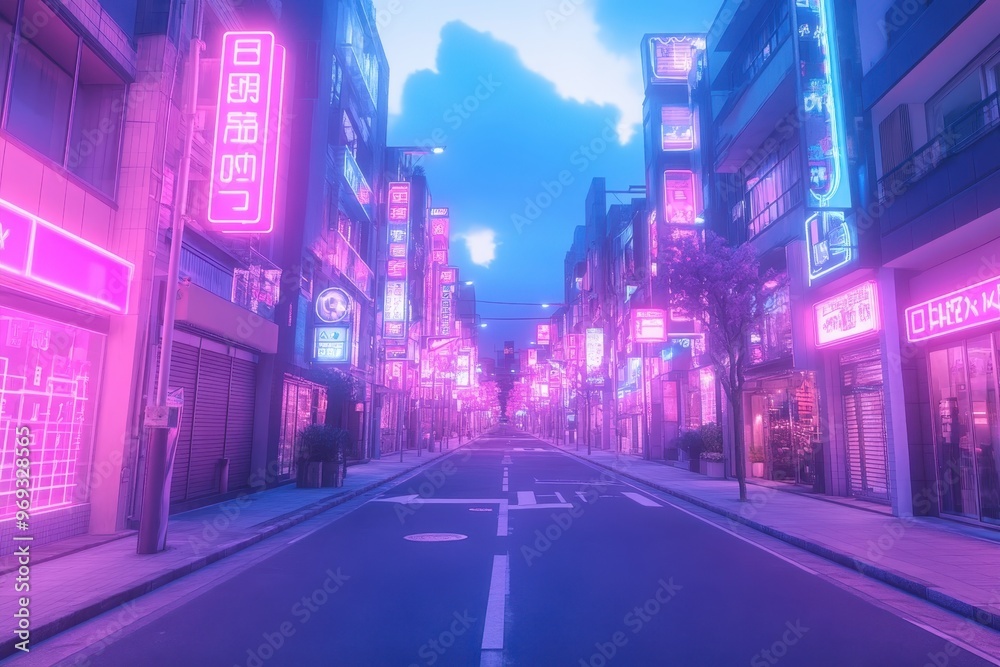 Nostalgic Urban Vibes: Retro City Street with Pixelated Neon Signs