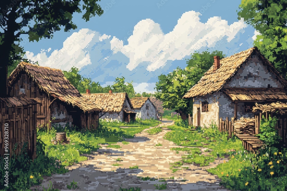 Retro 8-Bit Village Scene with Pixelated Huts and Copy Space on Open Field for Text Retro 8-Bit Village Scene with Pixelated Huts and Copy Space on Open Field for Text