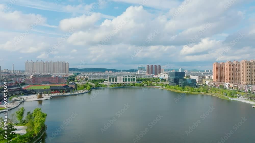 Aerial view of Nanhu Square in Dunhua City