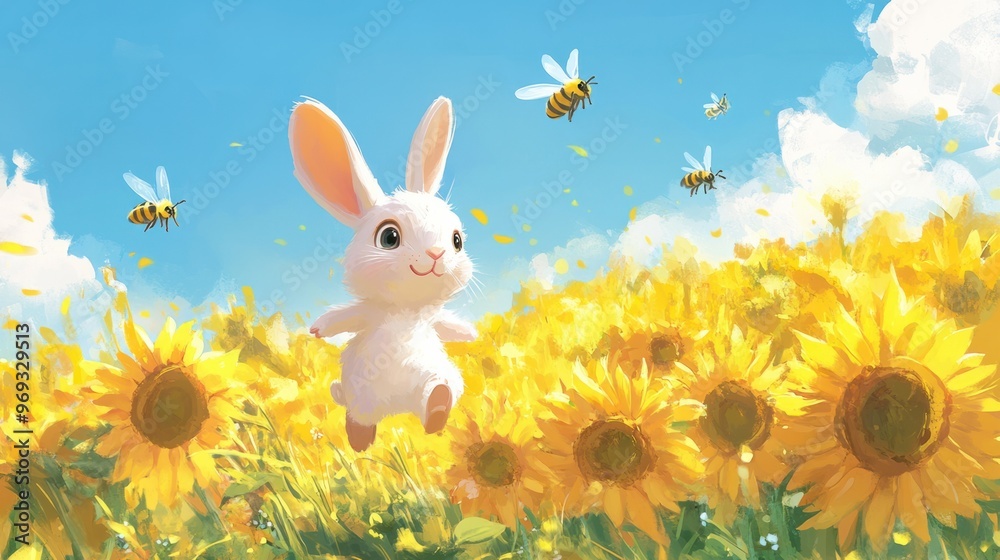 A cartoon bunny hopping through a field of sunflowers, with bees buzzing around and a clear blue sky above.