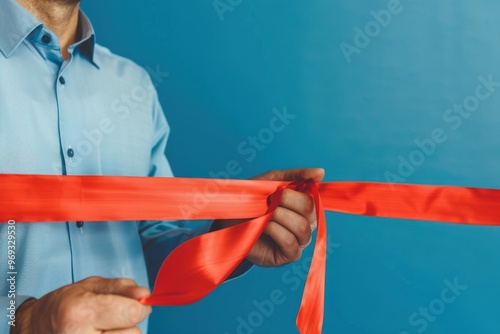 Wallpaper Mural Closeup of a man in a blue suit and red tie holding a red ribbon tied in a knot, symbolizing an inauguration or ceremonial event Torontodigital.ca