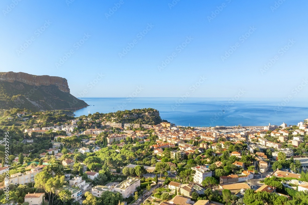 Aerial view of Cassis with Mediterranean Sea backdrop Aerial view of Cassis with Mediterranean Sea backdrop