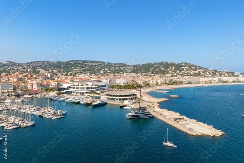 Aerial view of Cannes marina and coastal cityscape