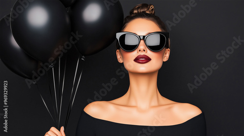 Elegant Woman in Black Sunglasses Holding Black Balloons on Black Background, Black Friday, Sale, Promotion Concept, Glamorous and Confident Posh Female in Studio.