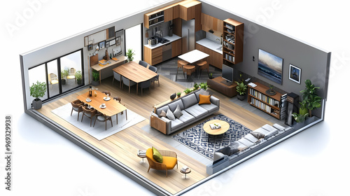 3D Illustration of a Modern Apartment Living Room with Balcony, Dining Area, and Kitchen