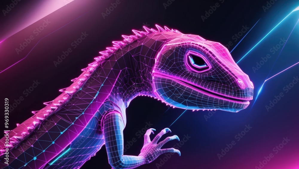 A neon-colored, digital illustration of a lizard created with glowing lines, showing both abstract and modern art styles. A neon-colored, digital illustration of a lizard created with glowing lines, showing both abstract and modern art styles.