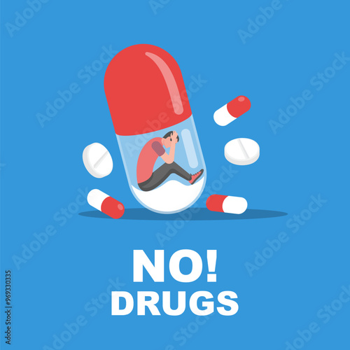 NO Drugs concept. Drug addicted man. A big jar of prohibited substances. International day protection. World Drug Protection Day. Awareness of people. Vector illustration flat design.