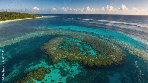 An aerial view of a coral reef in turquoise waters, surrounded by a beach and clear skies, showing the beauty of nature.