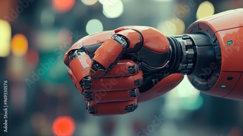 Close-up of a robot offering a fist bump, capturing the fusion of technology and friendship, [robotic friend], [AI technology].