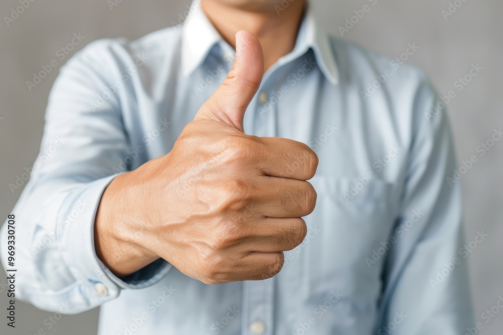 Closeup of a man showing two thumbs up, expressing approval or positivity, with focus on hands and gesture Closeup of a man showing two thumbs up, expressing approval or positivity, with focus on hands and gesture