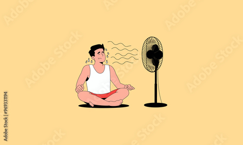 man cooling off in front of an electric fan, sweating heavily