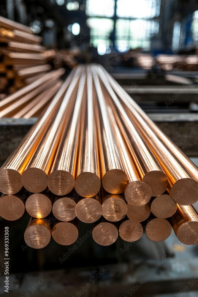 Naklejka premium Close-up of a Stack of Shiny Copper Rods in a Factory