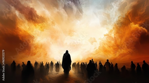 biblical exodus reimagined silhouetted crowd following robed figure dramatic stormy sky desert landscape warm ochre tones divine light beams