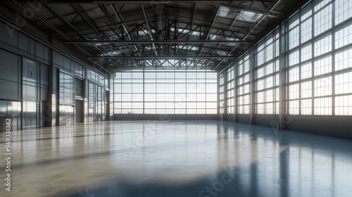 Spacious hangar interior with sleek concrete floors, metallic walls, and steel framing, reflecting advanced industrial technology and precision.