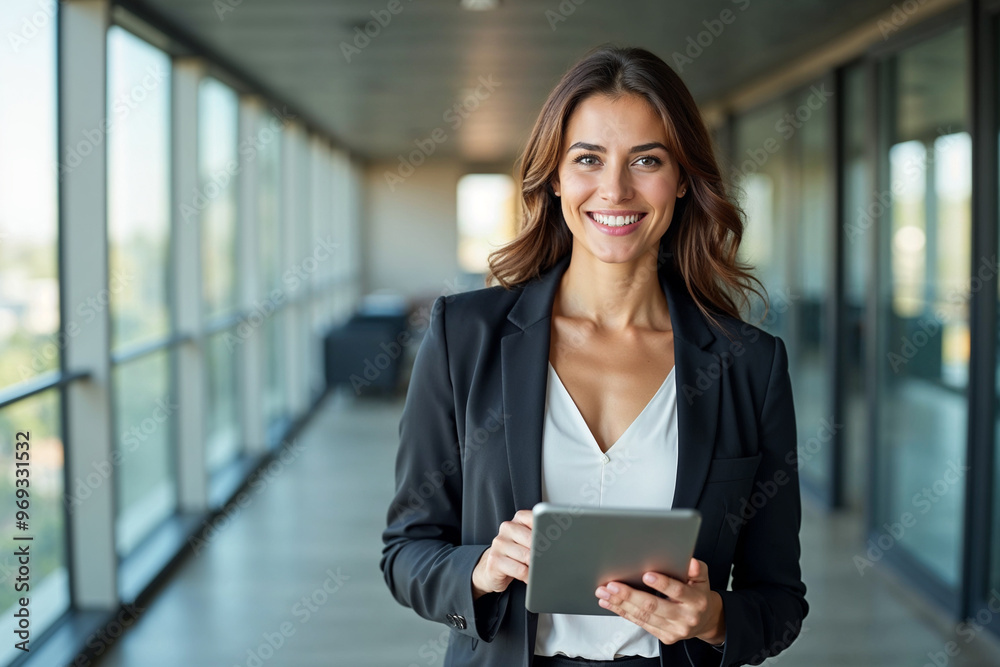 Portrait of young Hispanic professional business woman standing in office. Happy female company executive, smiling businesswoman entrepreneur corporate leader manager looking at camera using tablet Portrait of young Hispanic professional business woman standing in office. Happy female company executive, smiling businesswoman entrepreneur corporate leader manager looking at camera using tablet