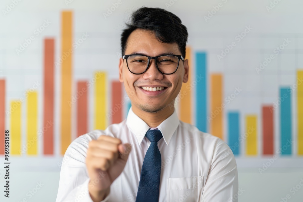 Smiling businessman wearing glasses and a tie, celebrating success with a fist pump gesture, standing in front of colorful bar charts representing growth or achievement Smiling businessman wearing glasses and a tie, celebrating success with a fist pump gesture, standing in front of colorful bar charts representing growth or achievement