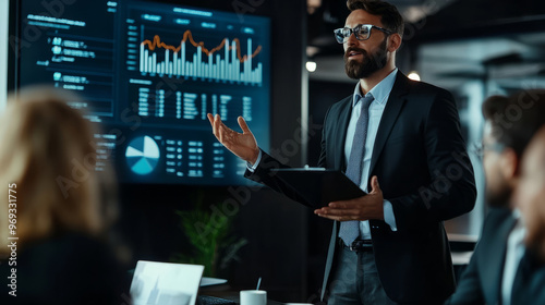 A financial analyst presenting a detailed investment strategy report to a group of investors