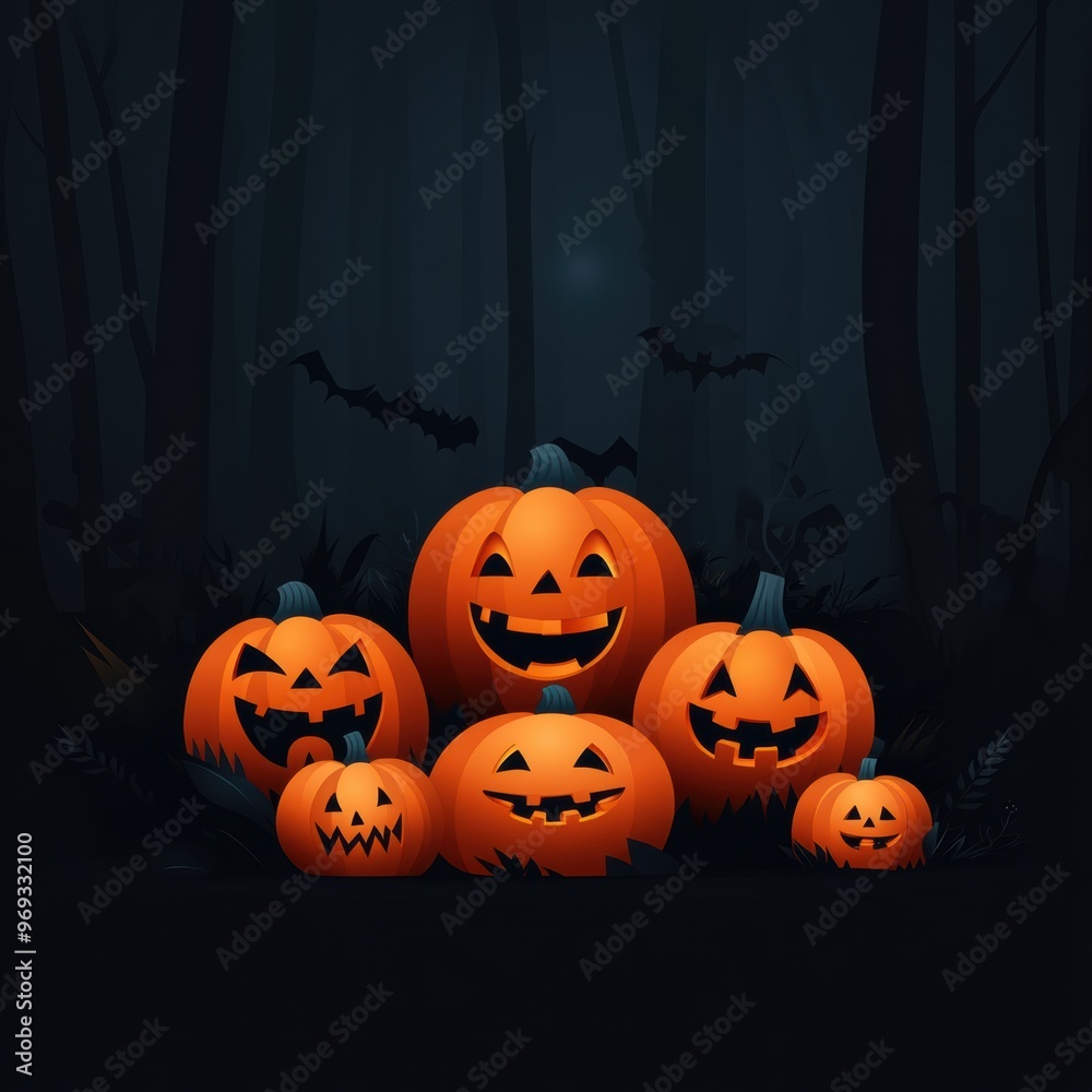 Obraz premium A spooky collection of carved pumpkins in a dark forest, perfect for Halloween-themed designs and decorations.