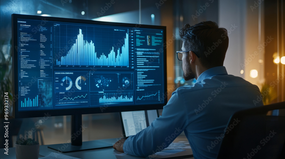 A financial analyst studying market trends on a large screen filled with graphs and data in a modern office A financial analyst studying market trends on a large screen filled with graphs and data in a modern office