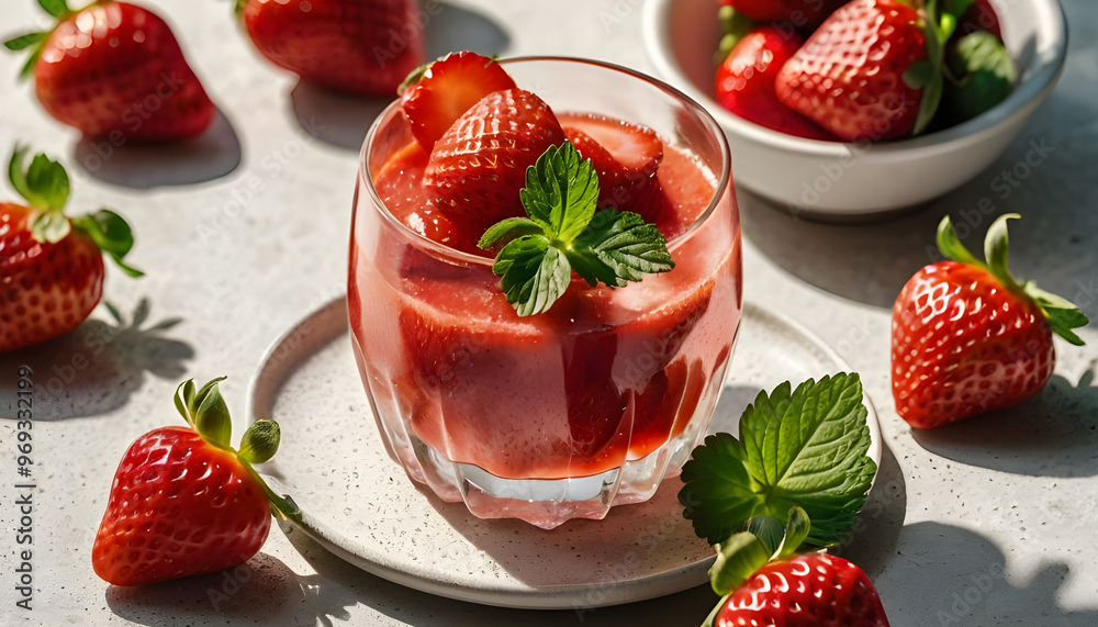 Glass of Strawberries juice, fresh Strawberries slices, garnished with mint leaves, served on white plate Glass of Strawberries juice, fresh Strawberries slices, garnished with mint leaves, served on white plate