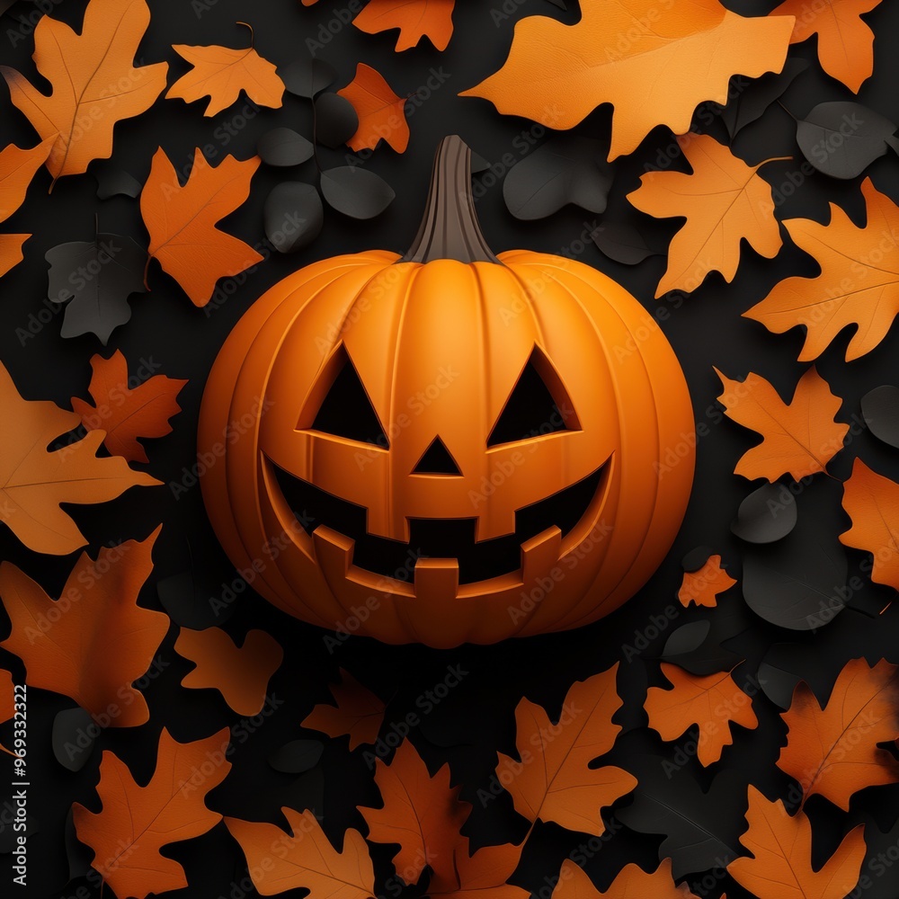 A vibrant Halloween pumpkin with a joyful face surrounded by colorful autumn leaves on a dark background. A vibrant Halloween pumpkin with a joyful face surrounded by colorful autumn leaves on a dark background.