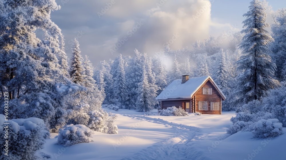 A tranquil snow-covered landscape with a cozy cabin nestled among pine trees, creating a picturesque winter scene of warmth and solitude. A tranquil snow-covered landscape with a cozy cabin nestled among pine trees, creating a picturesque winter scene of warmth and solitude.