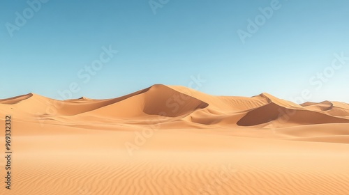 A vast desert landscape with sweeping sand dunes under a clear, cloudless sky, capturing the stark beauty of the arid environment.