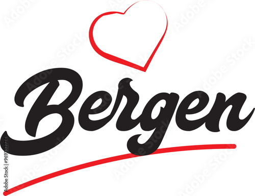 Bergen city text design with red heart typographic icon design suitable for touristic promotion