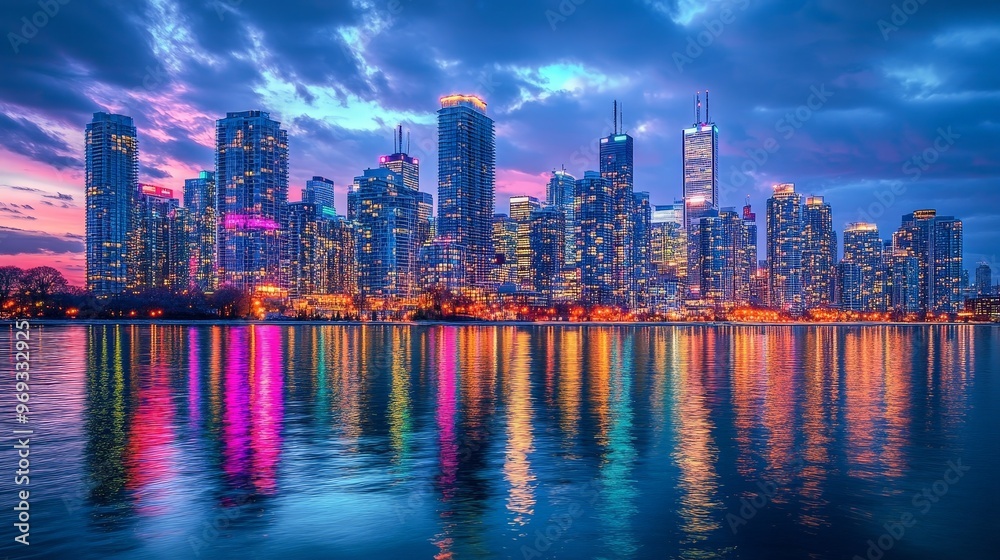 A vibrant cityscape at dusk, with colorful lights reflecting off the water and towering skyscrapers against a twilight sky. A vibrant cityscape at dusk, with colorful lights reflecting off the water and towering skyscrapers against a twilight sky.
