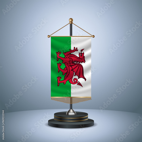 Wales Vertical table flag with golden pole of on dark  gradient background