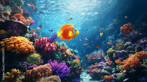 A vibrant coral reef underwater, teeming with colorful marine life and clear blue waters.