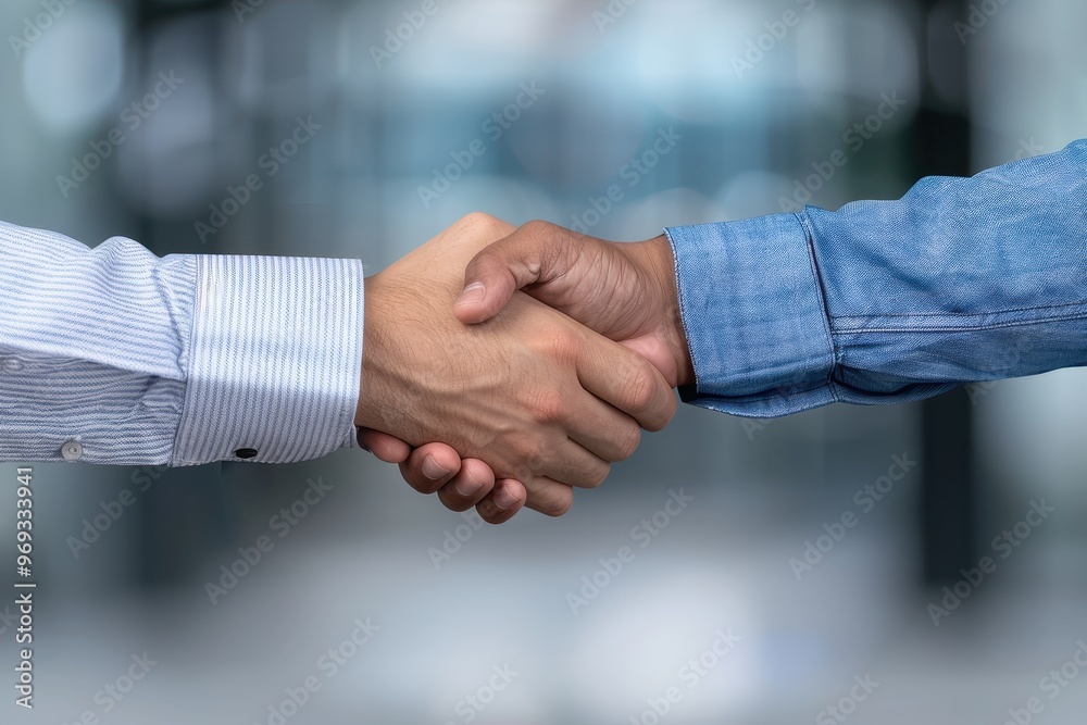 Close-up of two men shaking hands in formal business suits, symbolizing agreement, partnership, or successful negotiation Close-up of two men shaking hands in formal business suits, symbolizing agreement, partnership, or successful negotiation