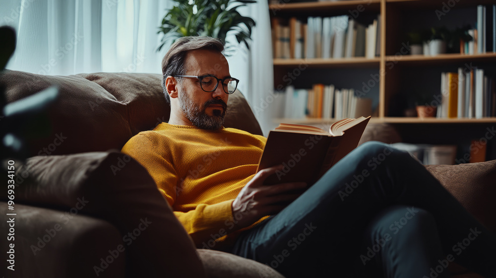 A professional reading a book in a cozy living room after completing daily work tasks A professional reading a book in a cozy living room after completing daily work tasks