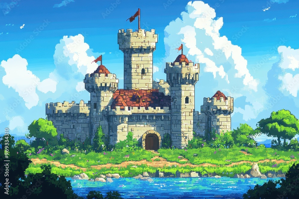 Fototapeta premium Retro 16-Bit Castle with Pixelated Banners Against Clear Sky Background for Copy Space