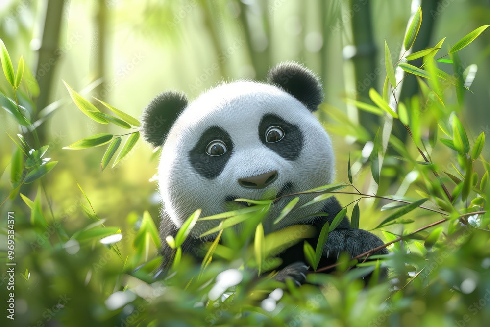 A playful panda peeking through lush green bamboo, embodying joy and curiosity in a vibrant natural habitat. A playful panda peeking through lush green bamboo, embodying joy and curiosity in a vibrant natural habitat.