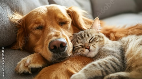 Wallpaper Mural Close-up of a playful dog and cat cuddling at home, showcasing their emotional bond, [animal friendship], [cute pets]. Torontodigital.ca