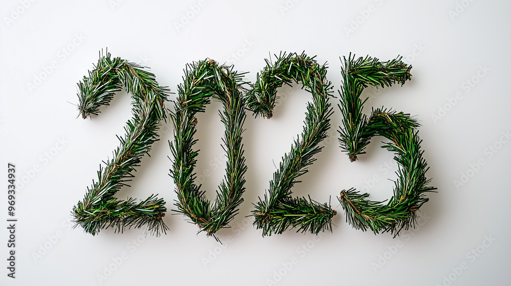 2025 written on Christmas pine foliage white background 2025 written on Christmas pine foliage white background