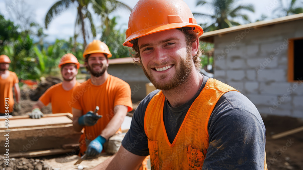 A team volunteering to build homes for a community housing project A team volunteering to build homes for a community housing project