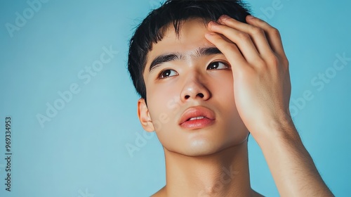 A young Asian man deals with dry skin by constantly scratching, trying to alleviate the discomfort. photo