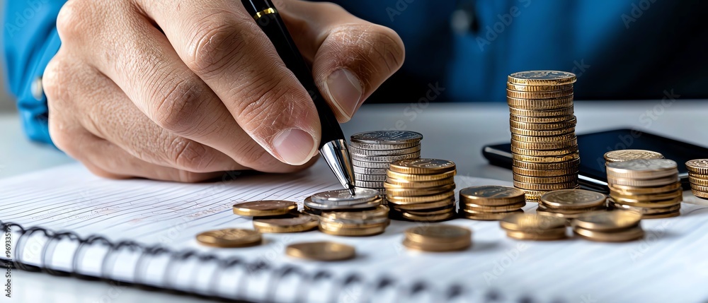A hand holding a pen, counting coins on a notebook, symbolizing financial planning and money management.